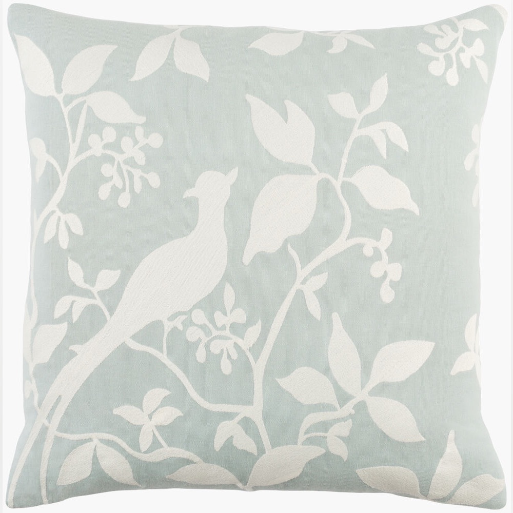 Mint Green / Aqua Cotton Decorative Throw Pillow w Embroidered Bird Design 18”